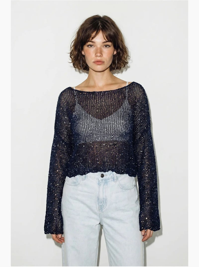 Crop top in maglia con paillettes, vestibilità ampia lucci Blu marino - Kiabi