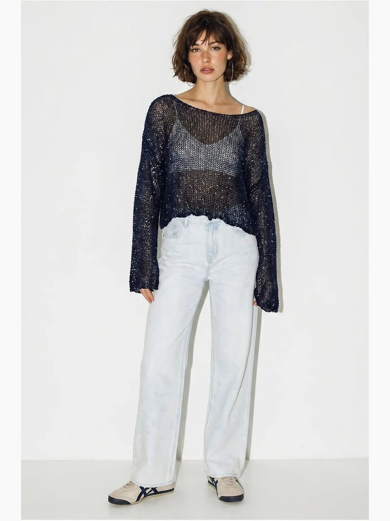 Crop top in maglia con paillettes, vestibilità ampia lucci Blu marino - Kiabi
