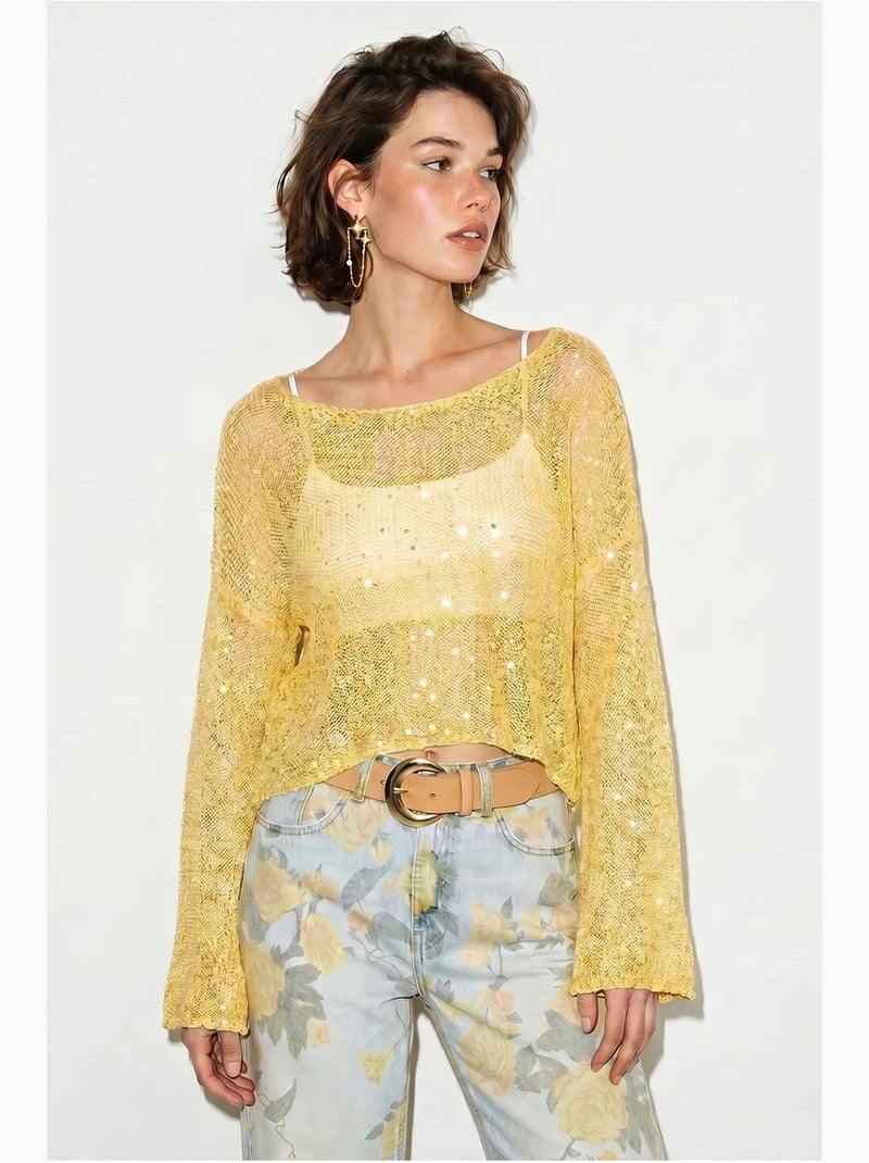 Crop top in maglia con paillettes, vestibilità ampia lucci Giallo limone - Kiabi