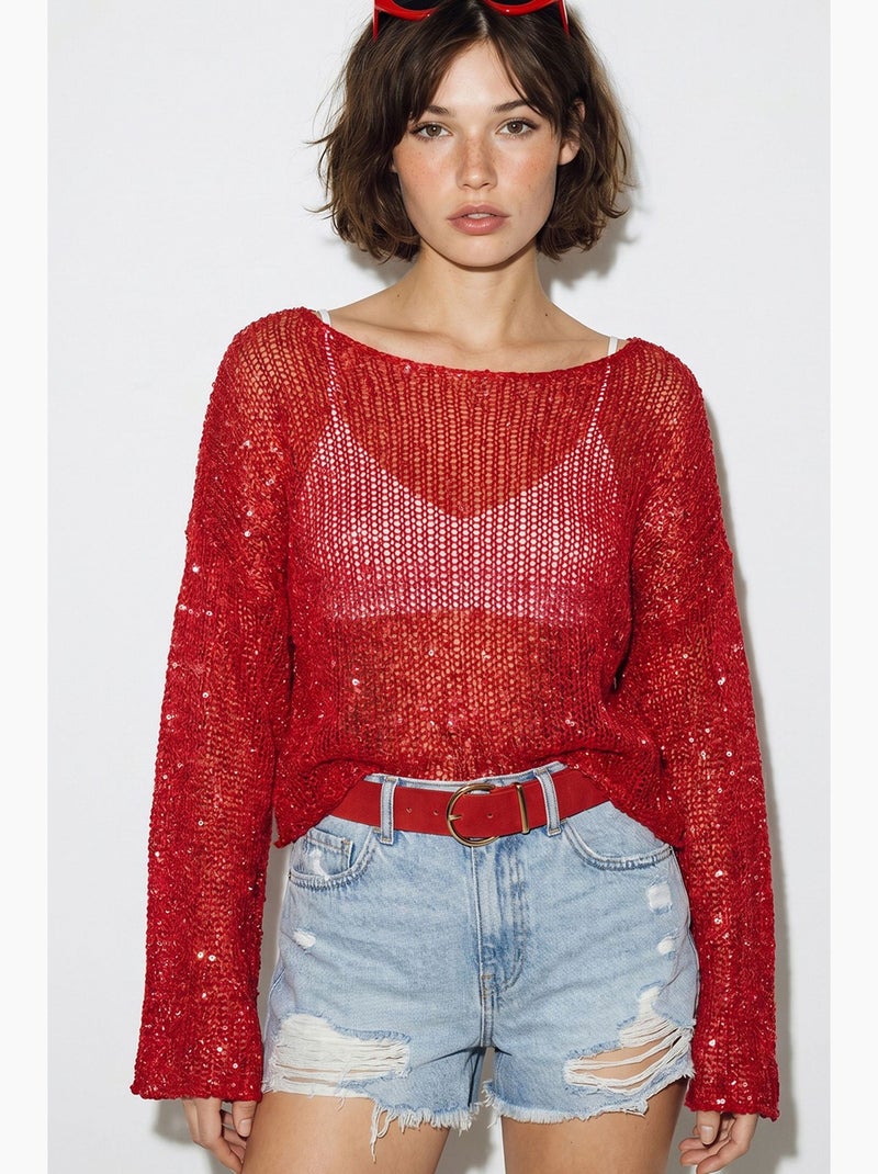 Crop top in maglia con paillettes, vestibilità ampia lucci Rosso - Kiabi