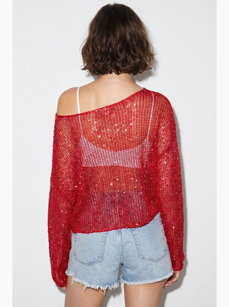 Crop top in maglia con paillettes, vestibilità ampia lucci Rosso - Kiabi