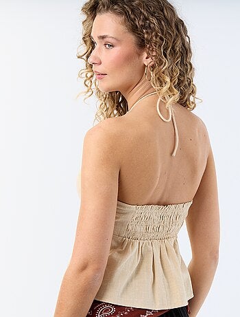 Crop top in misto lino con perle