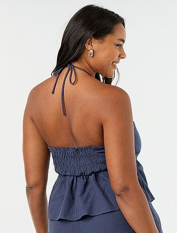 Crop top in misto lino con perle