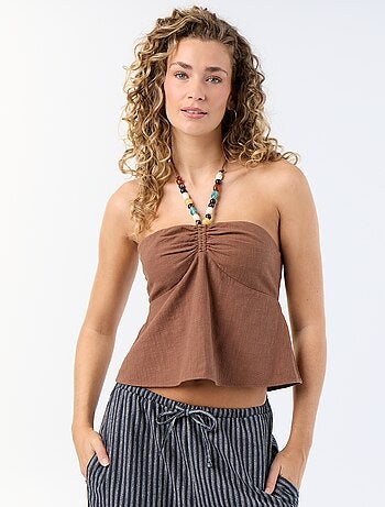 Crop top in misto lino con perle