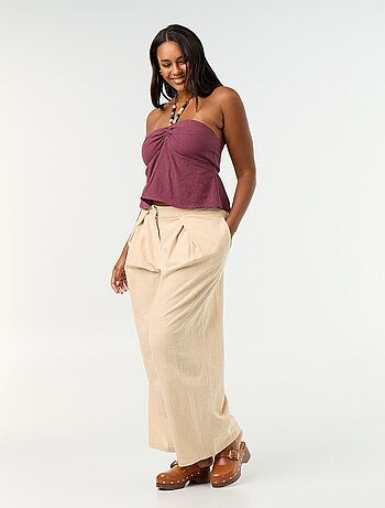 Crop top in misto lino con perle
