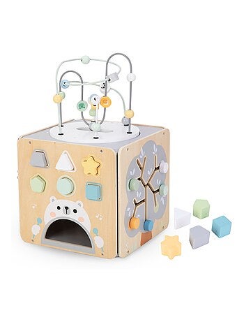 Cubo attività in legno Montessori con perline e giochi motori – grande formato