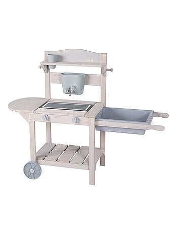 Cucina da esterno in legno massello per bambini con barbecue e ruote – "Roba BBQ