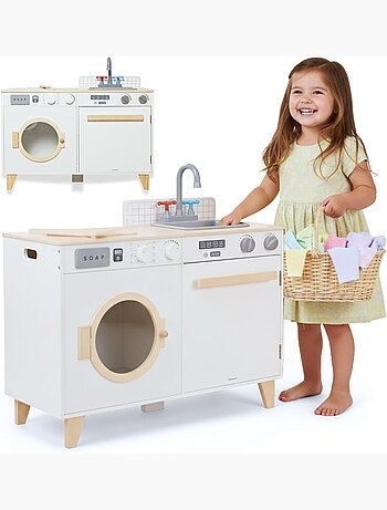 Cucina e lavanderia in legno 2 in 1 per bambini con lavatrice e accessori gioco educativo