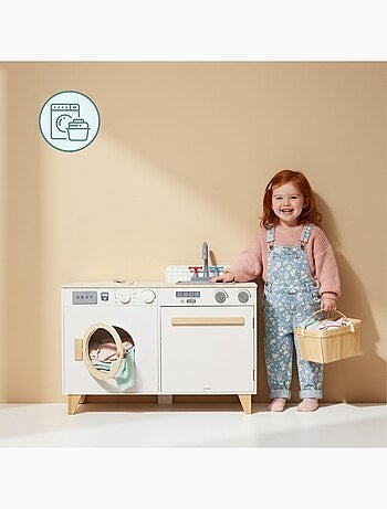 Cucina e lavanderia in legno 2 in 1 per bambini con lavatrice e accessori gioco educativo