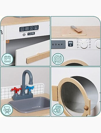 Cucina e lavanderia in legno 2 in 1 per bambini con lavatrice e accessori gioco educativo