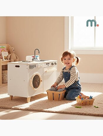 Cucina e lavanderia in legno 2 in 1 per bambini con lavatrice e accessori gioco educativo