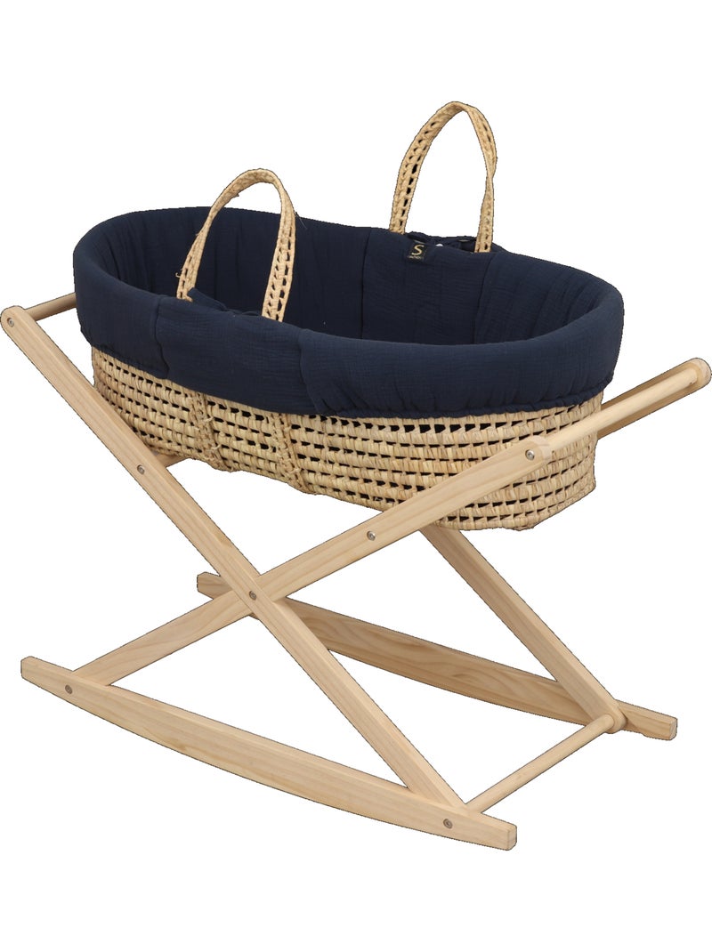 Culla in fibra naturale e rivestimento in tessuto con supporto in pino - SAUTHON Blu Bianco - Kiabi