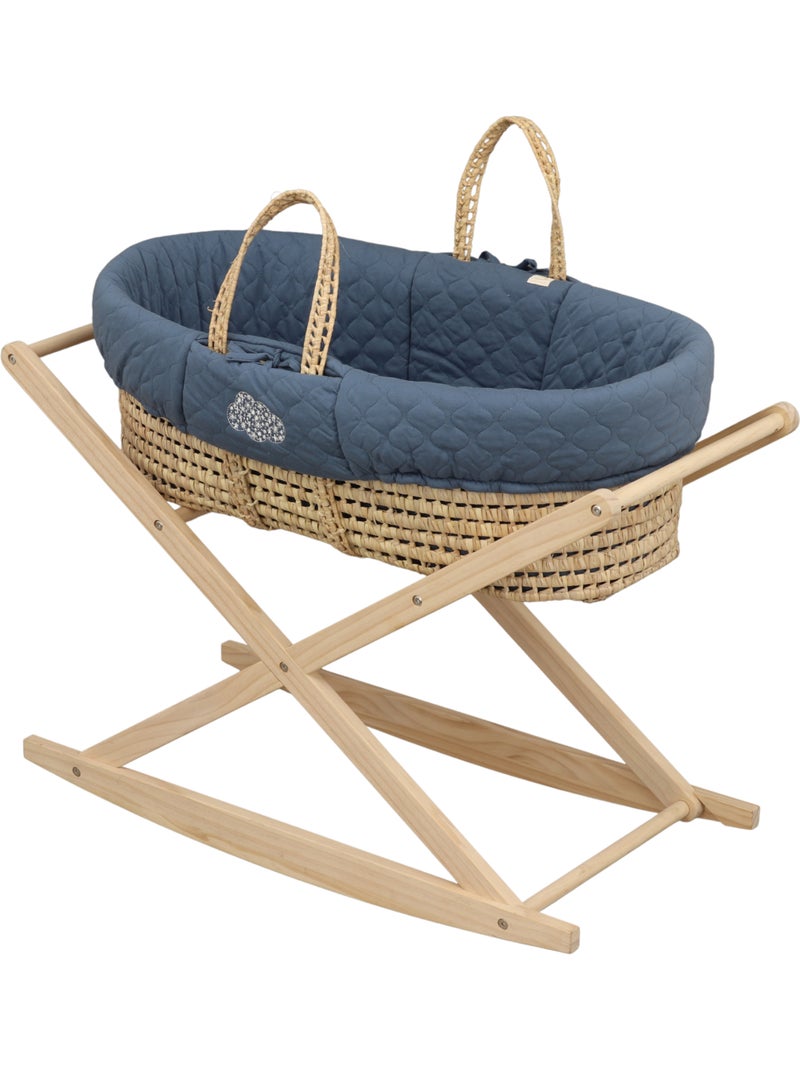 Culla in fibra naturale e rivestimento in tessuto con supporto in pino - SAUTHON Blu - Kiabi