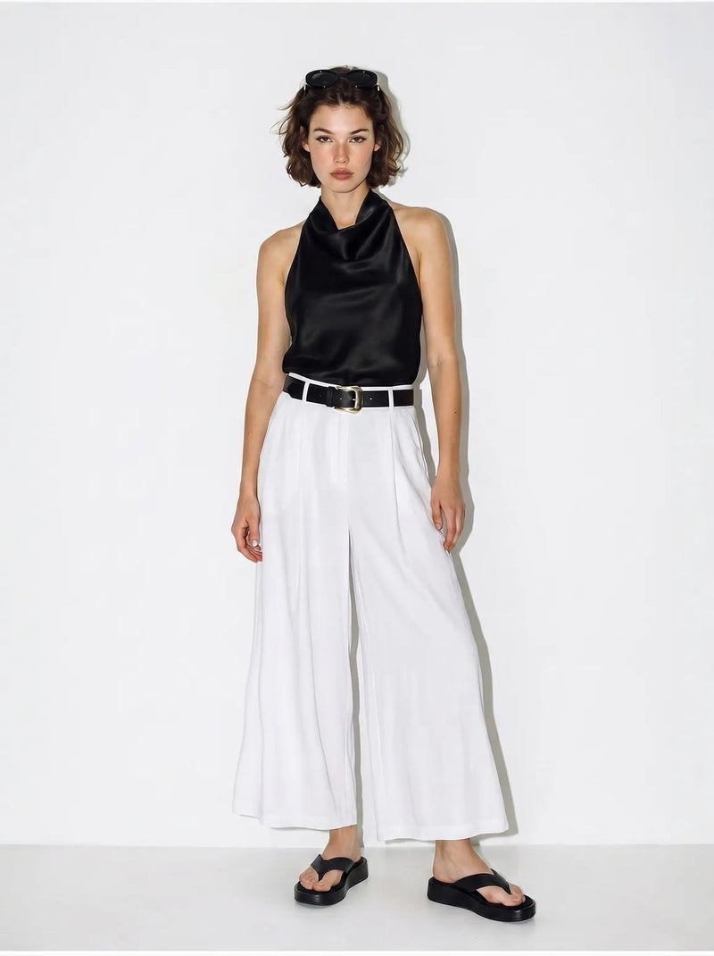 Culotte a vita alta plissettate a gamba ampia lucci Bianco - Kiabi