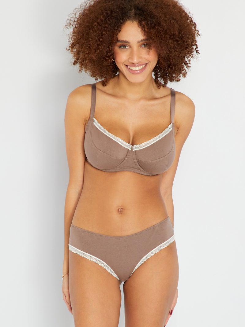 Culotte in cotone con passamaneria in pizzo MARRONE - Kiabi
