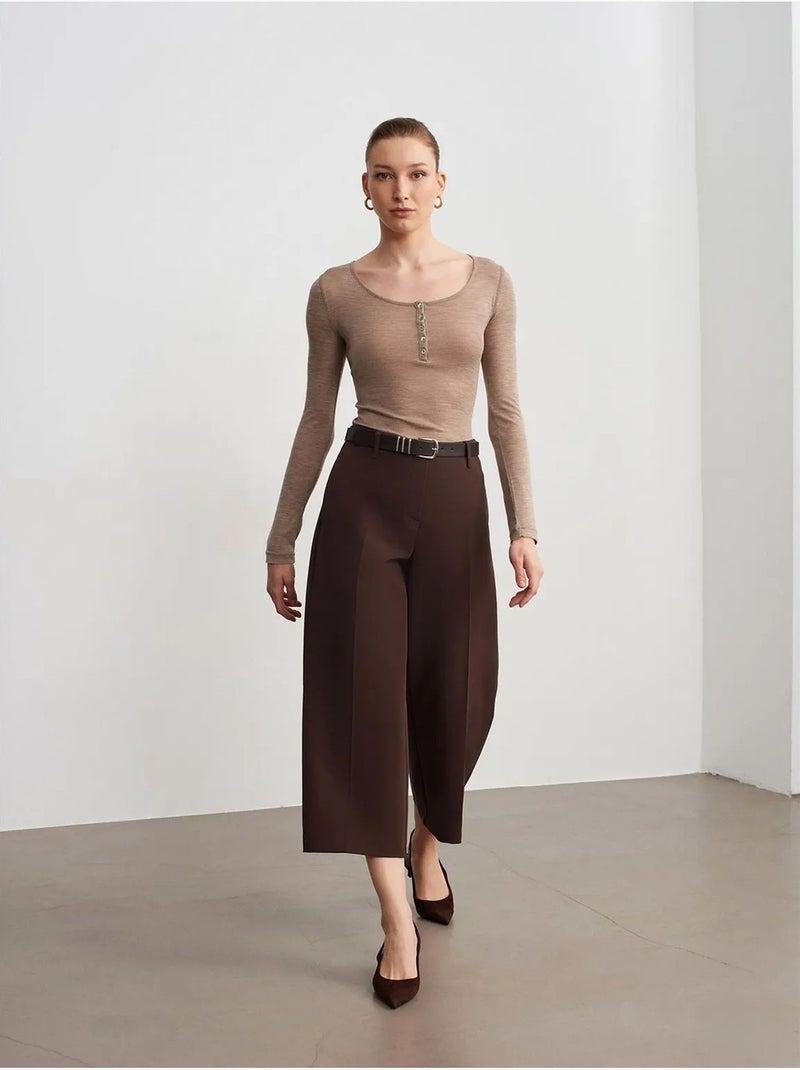 Culotte in crêpe a vita alta con cintura dilvin Marrone cioccolato - Kiabi
