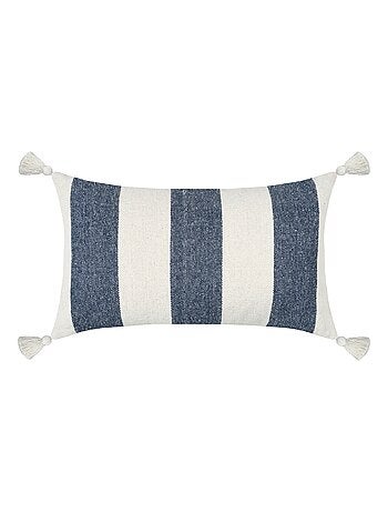 Cuscino a righe blu con pompon