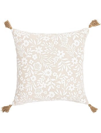 Cuscino in policotone con stampa floreale e nappe