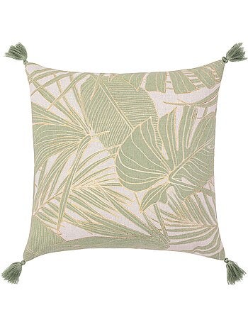 Cuscino in policotone metallizzato con fogliame tropicale e nappe