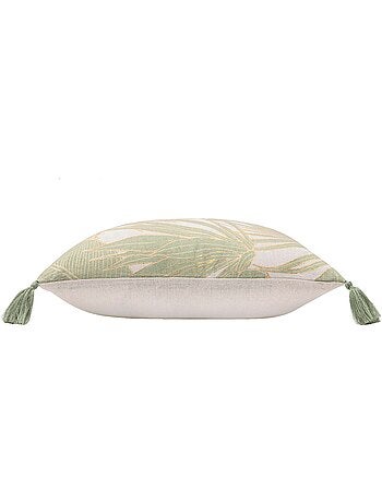 Cuscino in policotone metallizzato con fogliame tropicale e nappe