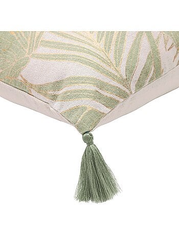 Cuscino in policotone metallizzato con fogliame tropicale e nappe