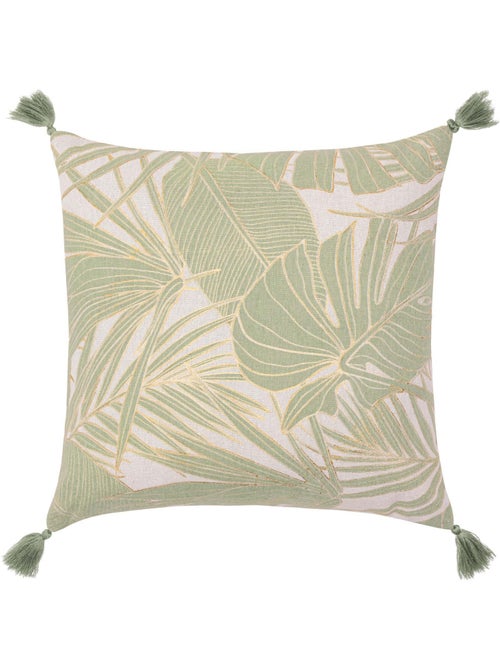 Cuscino in policotone metallizzato con fogliame tropicale e nappe - Kiabi