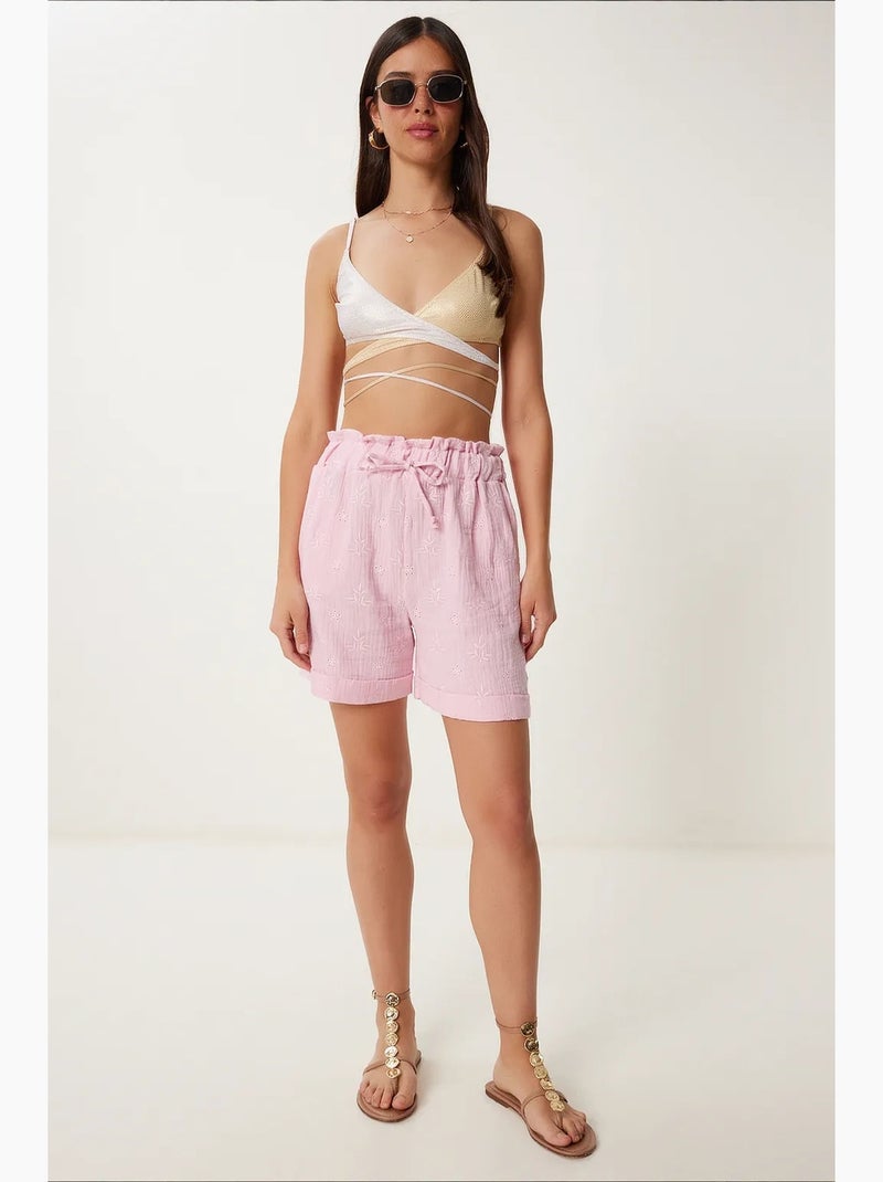 Deliziosi mini shorts a vita alta con coulisse e dettaglio di rilegatura istanbul Rosa confetto - Kiabi