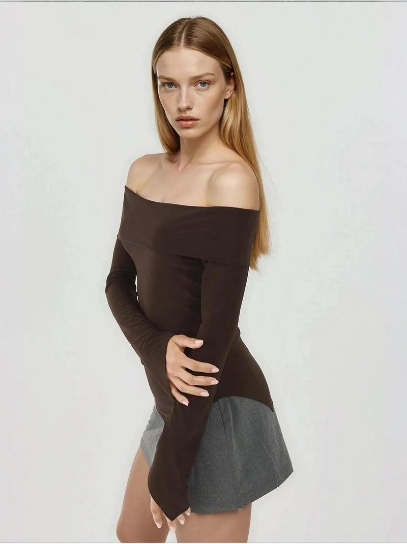 Elegante top aderente con scollo a barca e maniche lunghe Marrone scuro - Kiabi