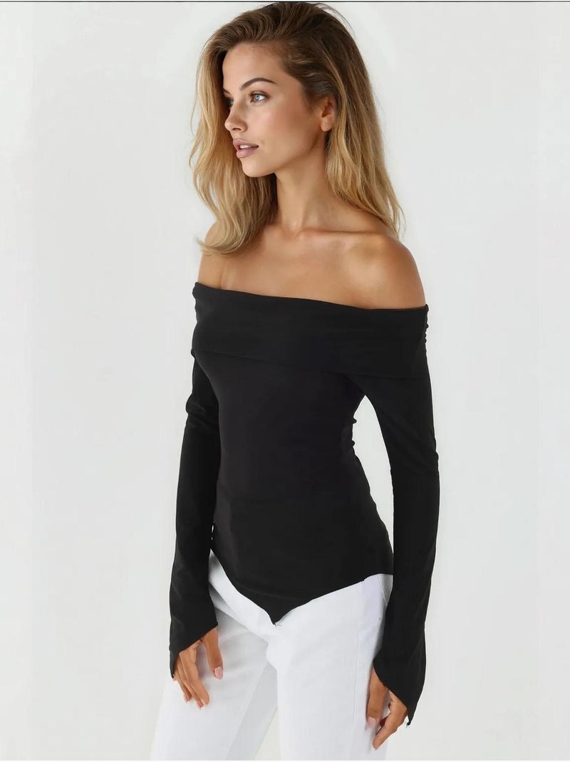 Elegante top aderente con scollo a barca e maniche lunghe Nero - Kiabi