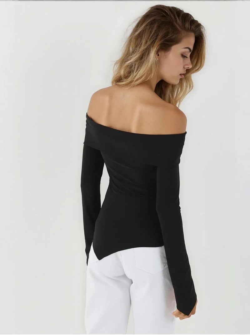 Elegante top aderente con scollo a barca e maniche lunghe Nero - Kiabi