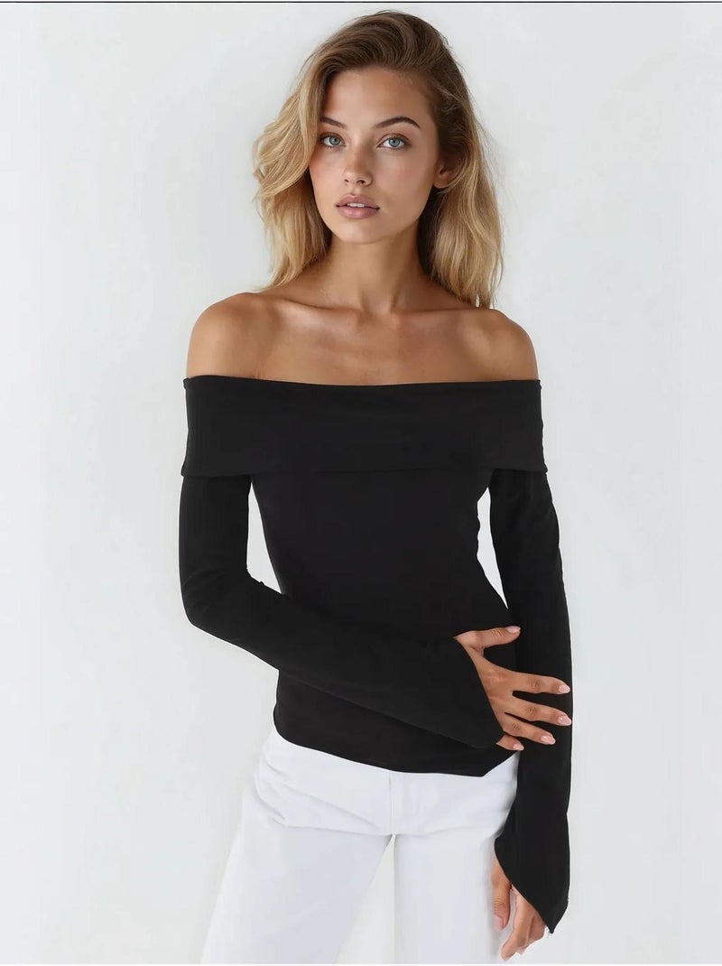 Elegante top aderente con scollo a barca e maniche lunghe Nero - Kiabi