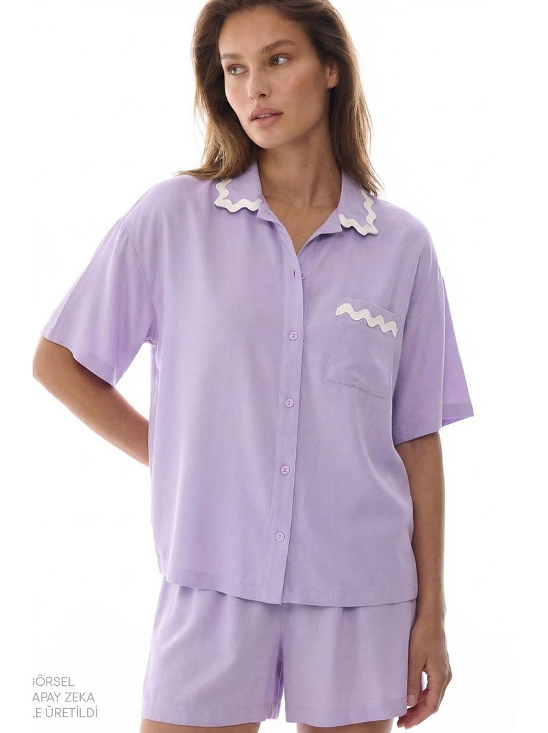 Ella completo pigiama con camicia, pizzo, maniche corte e shorts penti Lavanda - Kiabi