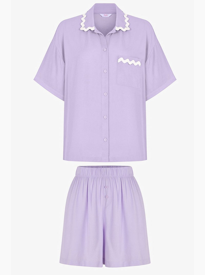 Ella completo pigiama con camicia, pizzo, maniche corte e shorts penti Lavanda - Kiabi