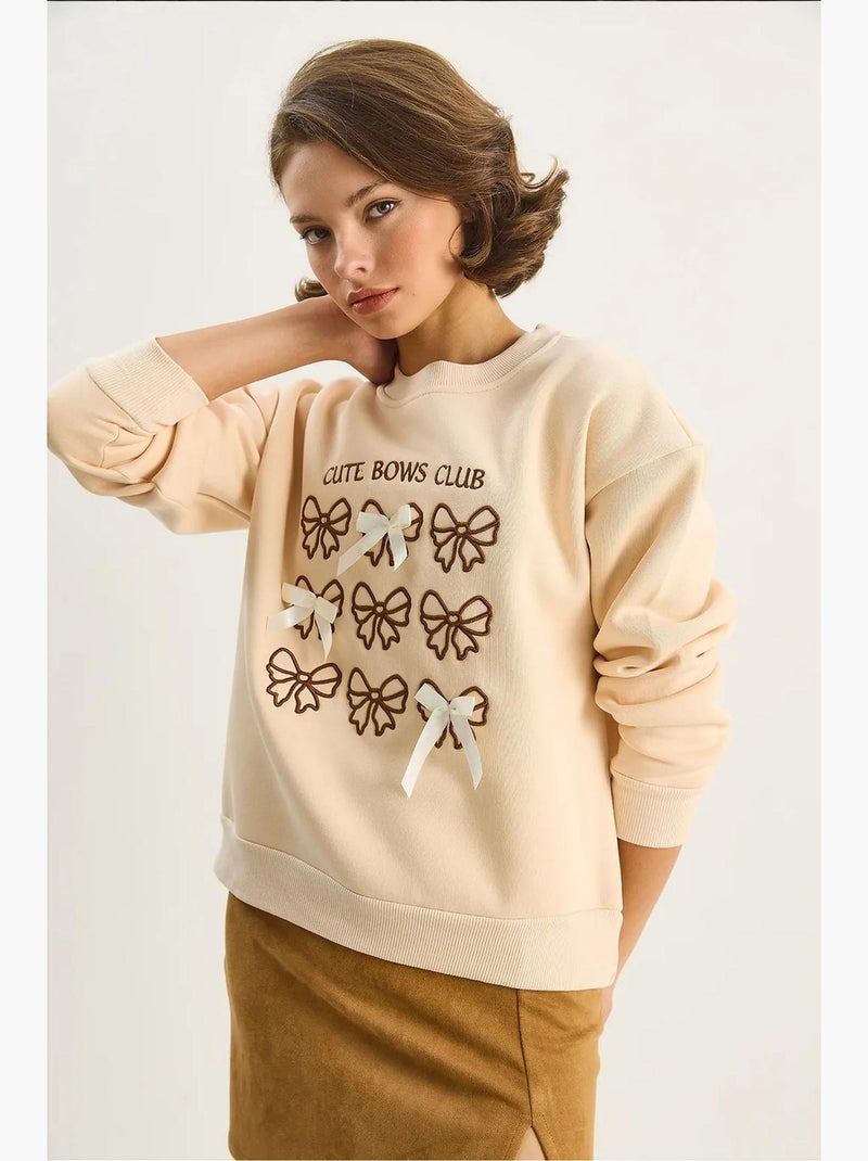Felpa a coste stampata con girocollo e maniche lunghe lucci Beige argilla - Kiabi