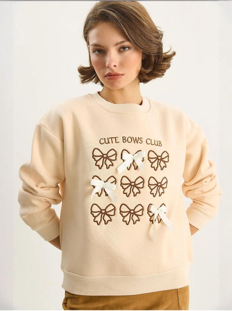 Felpa a coste stampata con girocollo e maniche lunghe lucci Beige argilla - Kiabi