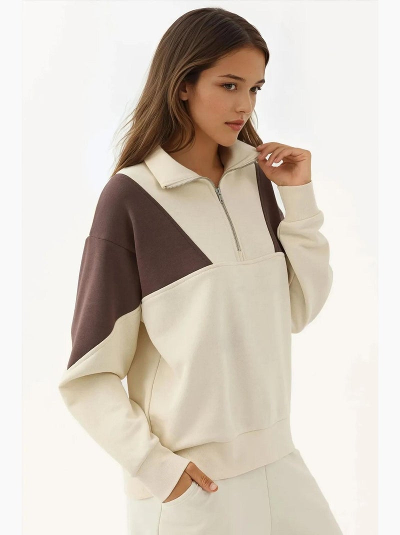 Felpa comoda con collo rialzato con zip hiccup Crema - Kiabi