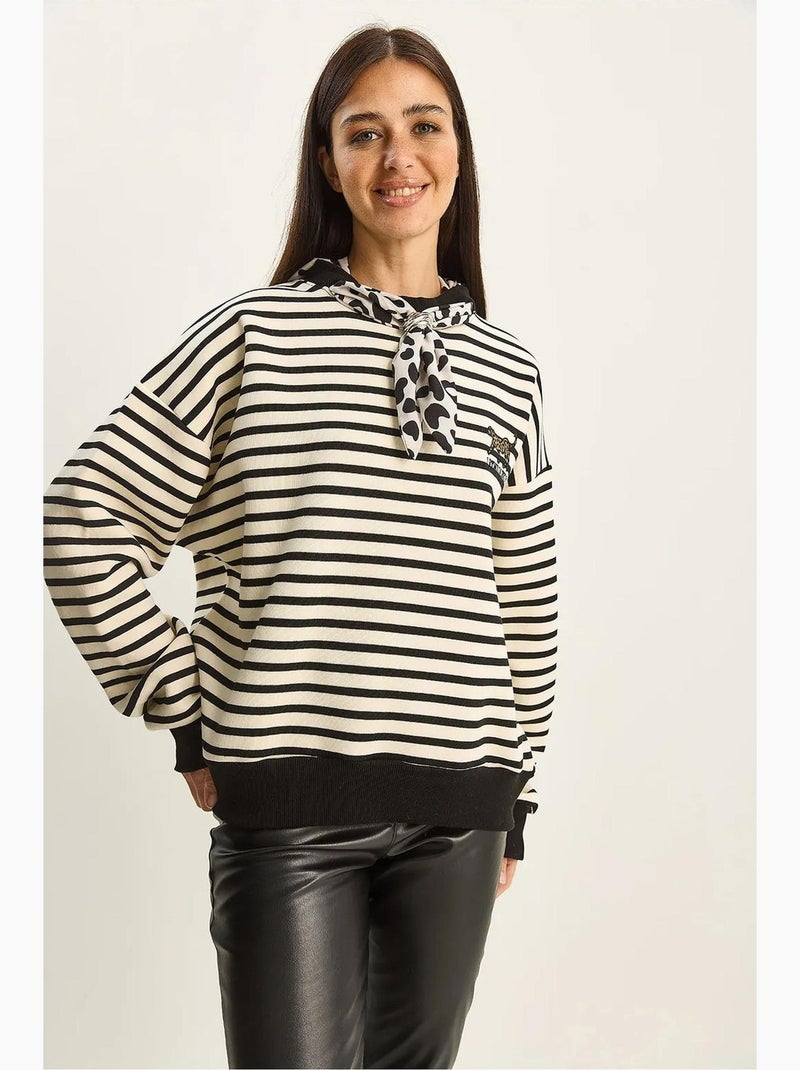 Felpa con cappuccio a righe con coulisse lucci Crema - Kiabi
