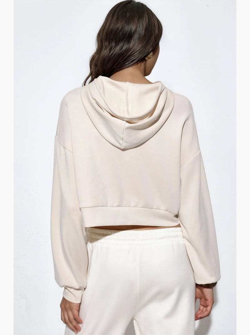 Felpa con cappuccio corta da donna con zip busem Beige argilla - Kiabi