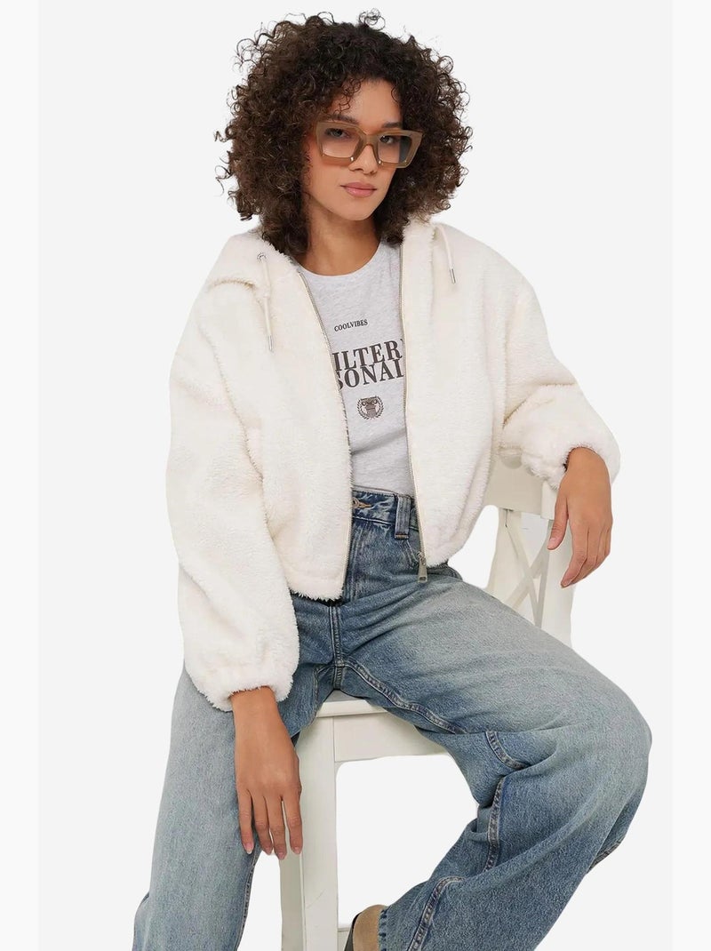 Felpa con cappuccio corta in peluche con zip frontale bdart Avorio - Kiabi