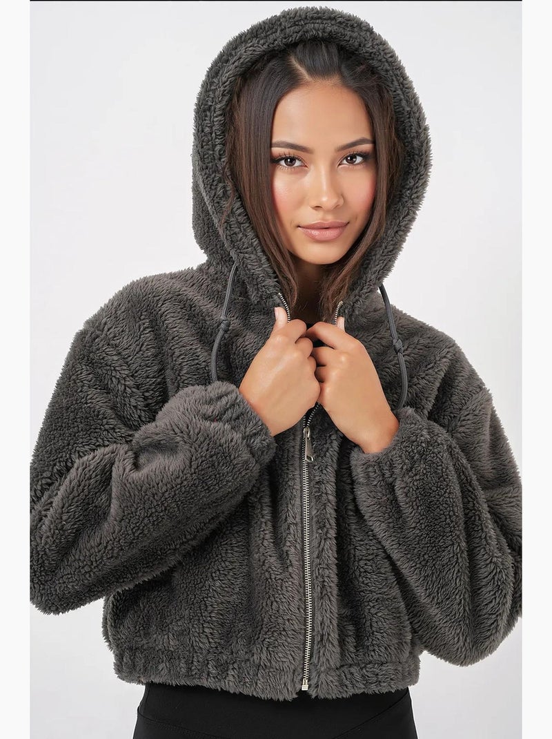 Felpa con cappuccio corta in peluche con zip frontale bdart Grigio nero - Kiabi