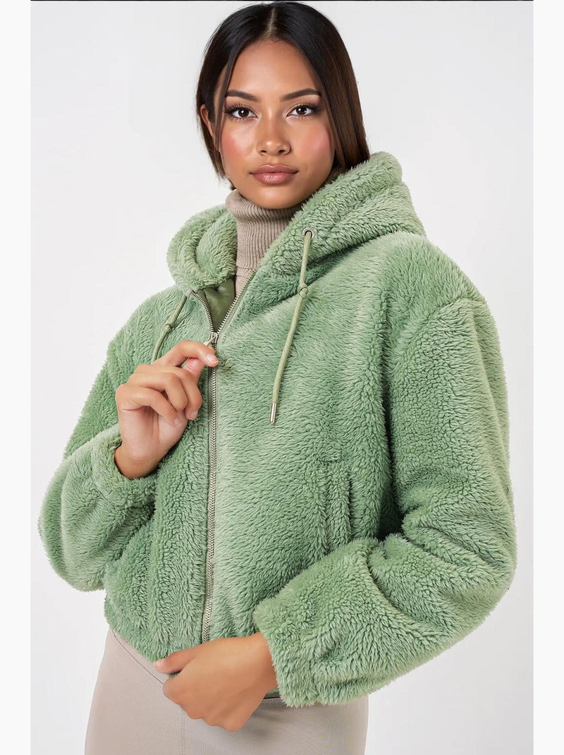Felpa con cappuccio corta in peluche con zip frontale bdart Verde pastello - Kiabi
