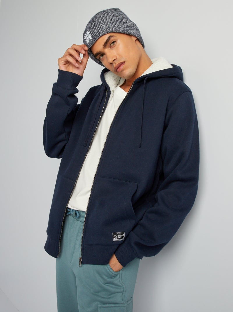 Felpa con cappuccio e zip foderata effetto montone BLU - Kiabi