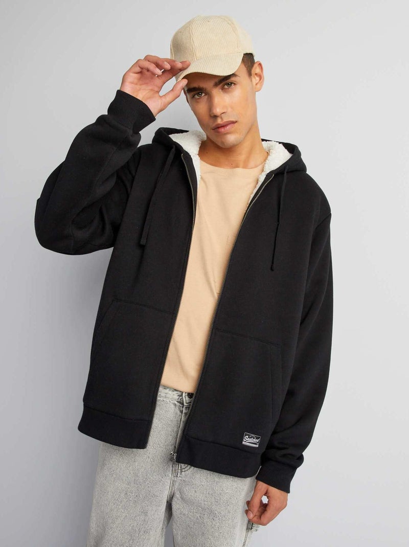 Felpa con cappuccio e zip foderata effetto montone NERO - Kiabi
