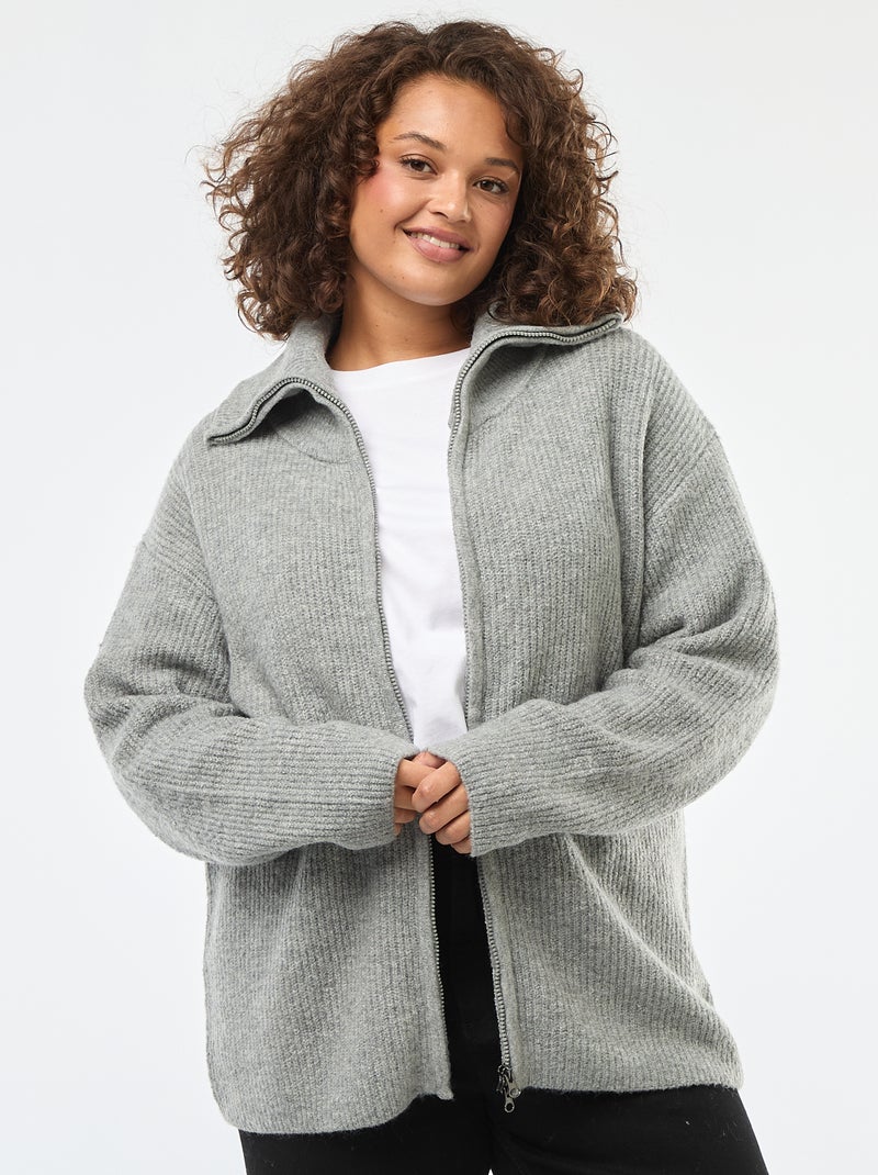 Felpa con cappuccio e zip in maglia tricot Grigio Taglie forti - Main Image