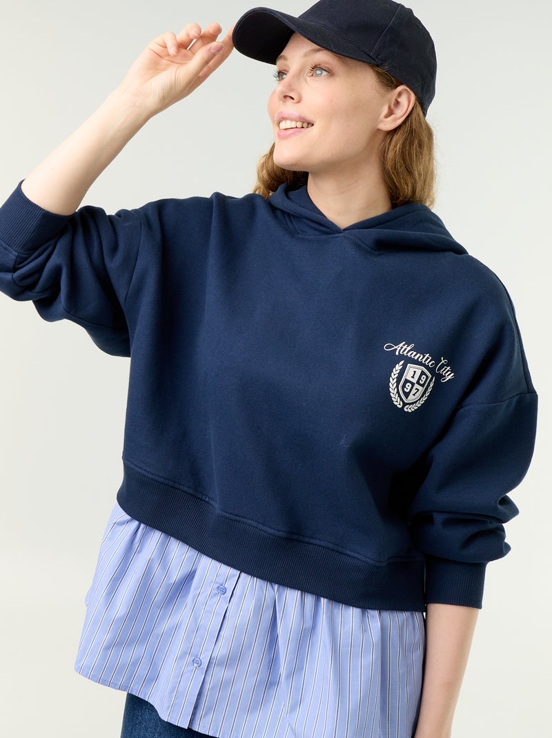 Felpa con cappuccio effetto 2 in 1 con fondo a camicia Blu - Kiabi