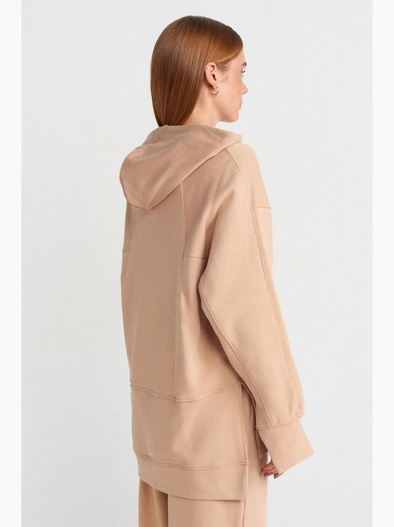Felpa con cappuccio oversize in cotone con spacco dilvin Beige argilla - Kiabi