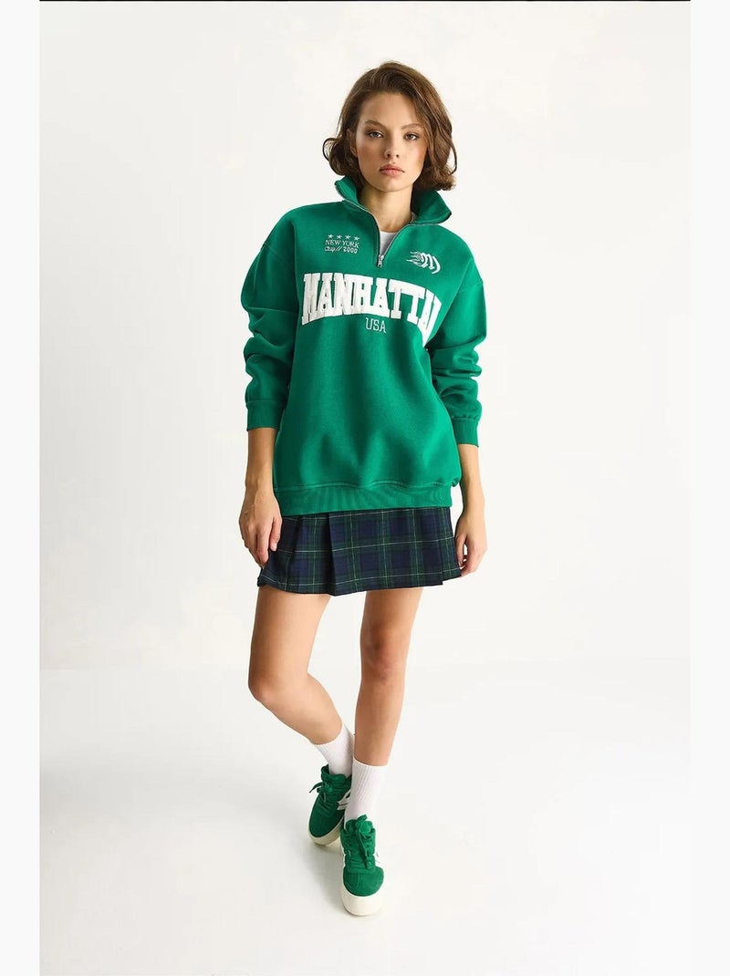 Felpa con maniche lunghe, colletto con zip e stampa sul retro lucci Verde - Kiabi