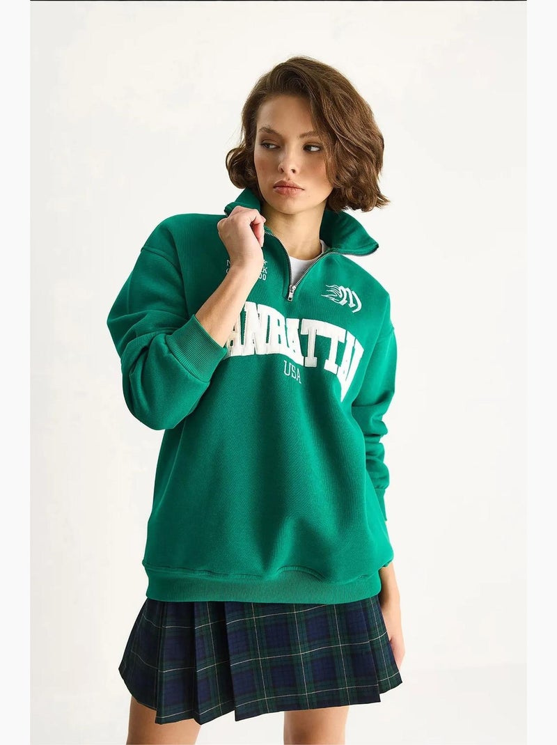 Felpa con maniche lunghe, colletto con zip e stampa sul retro lucci Verde - Kiabi