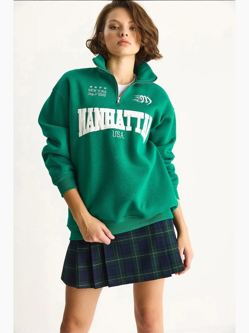 Felpa con maniche lunghe, colletto con zip e stampa sul retro lucci Verde - Kiabi