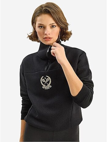 Felpa con ricamo e collo con zip lucci